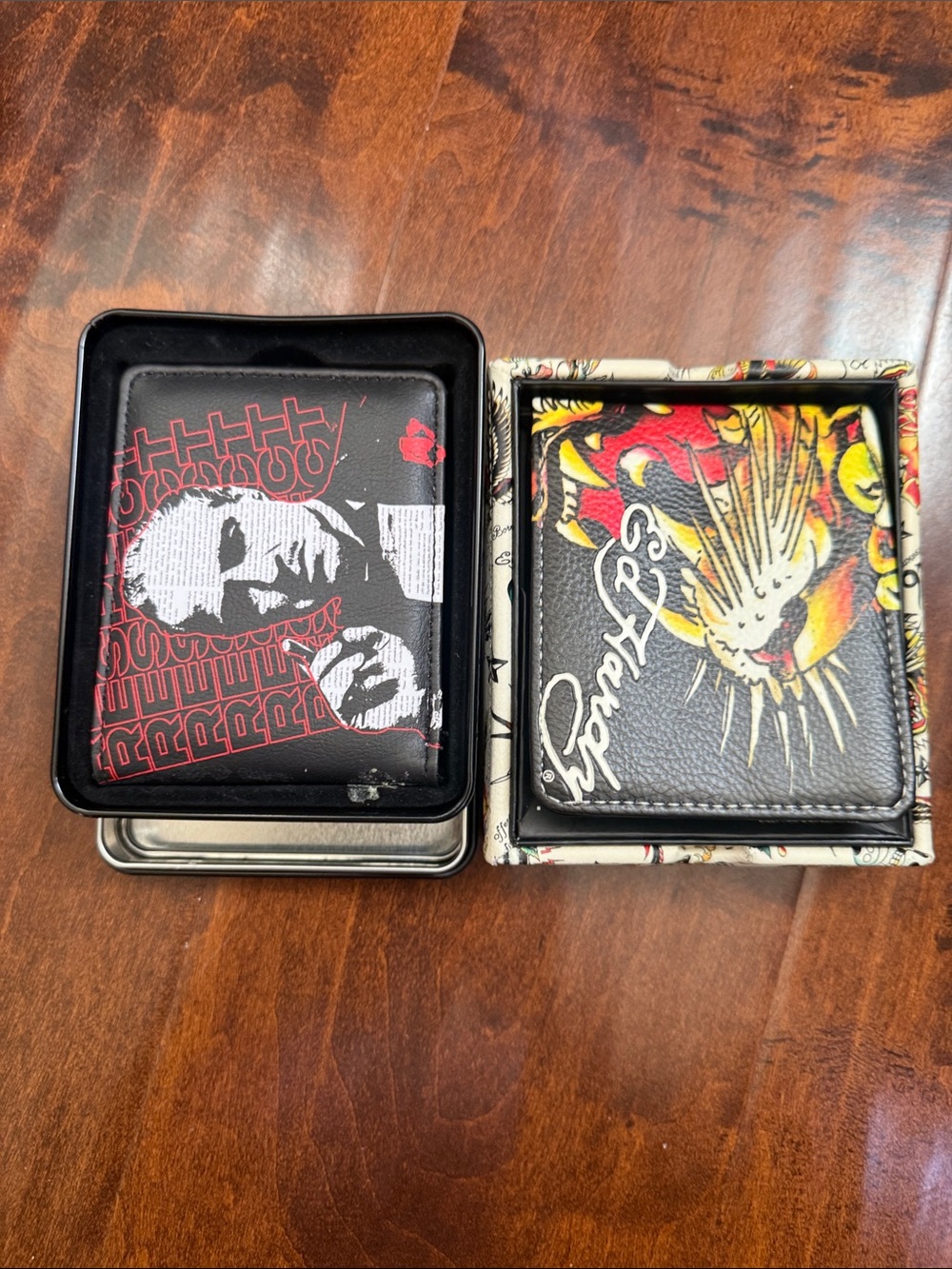 Ed Hardy Black Wallet Pair with Red, Yellow and White Tattoo Graphics